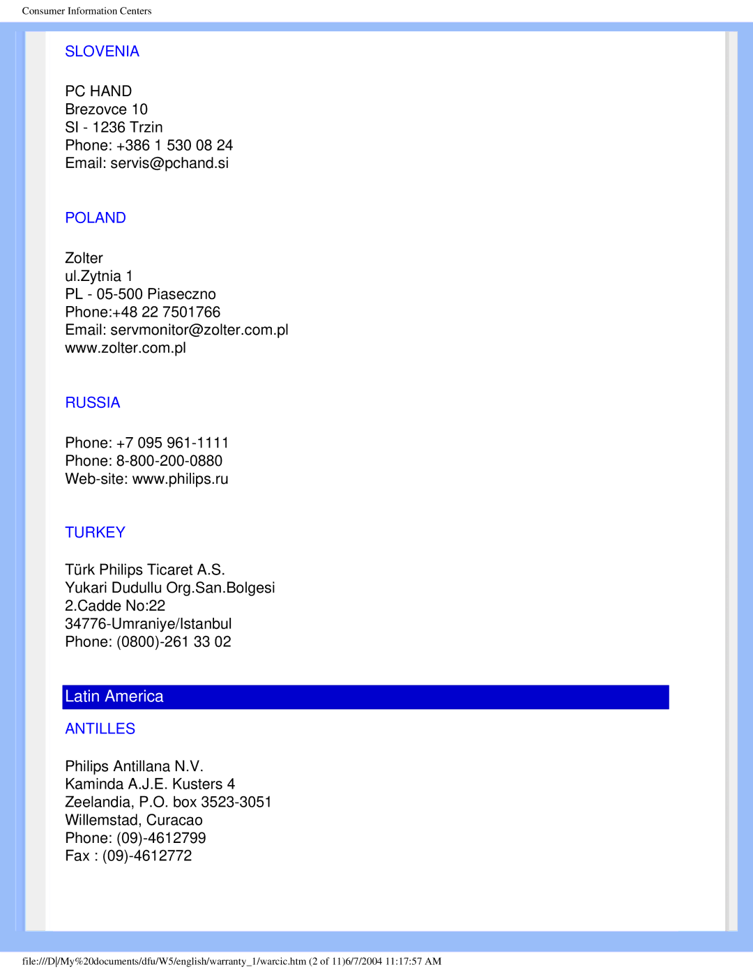 Philips 150S5FS user manual Slovenia, Poland, Russia, Turkey, Antilles 