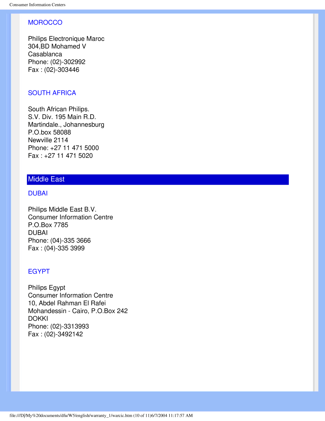 Philips 150S5FS user manual Morocco, South Africa, Dubai, Egypt 