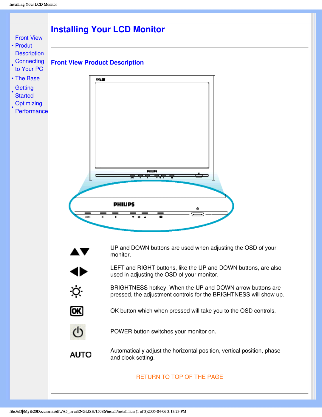Philips 150S6 user manual Installing Your LCD Monitor, Front View Product Description, Return To Top Of The Page 