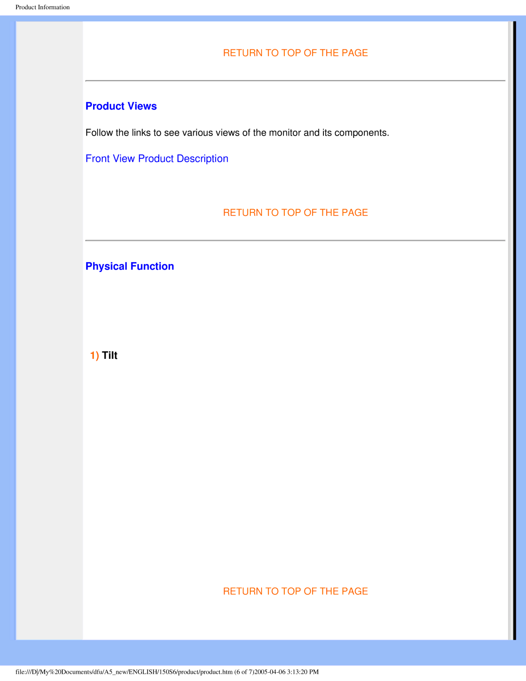 Philips 150S6 user manual Product Views, Physical Function 