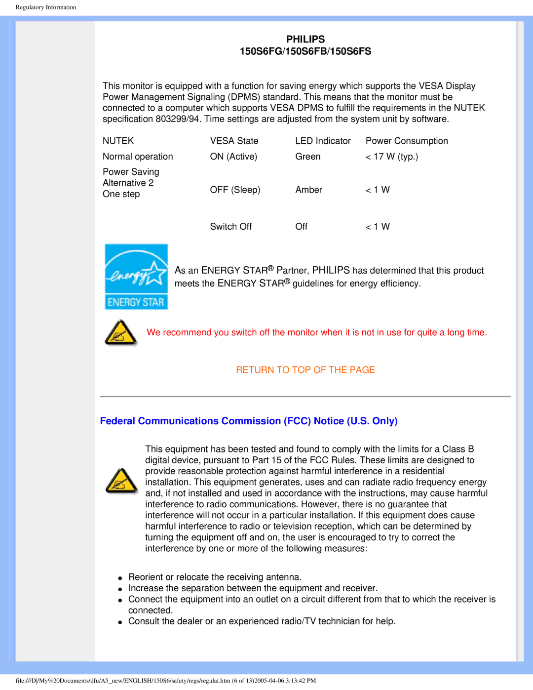 Philips 150S6 user manual Philips, Federal Communications Commission FCC Notice U.S. Only 