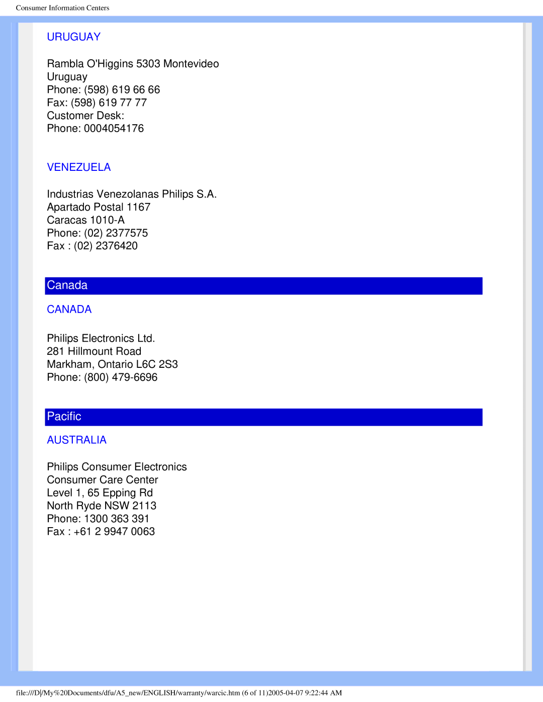 Philips 150S6 user manual Uruguay, Venezuela, Canada, Australia 