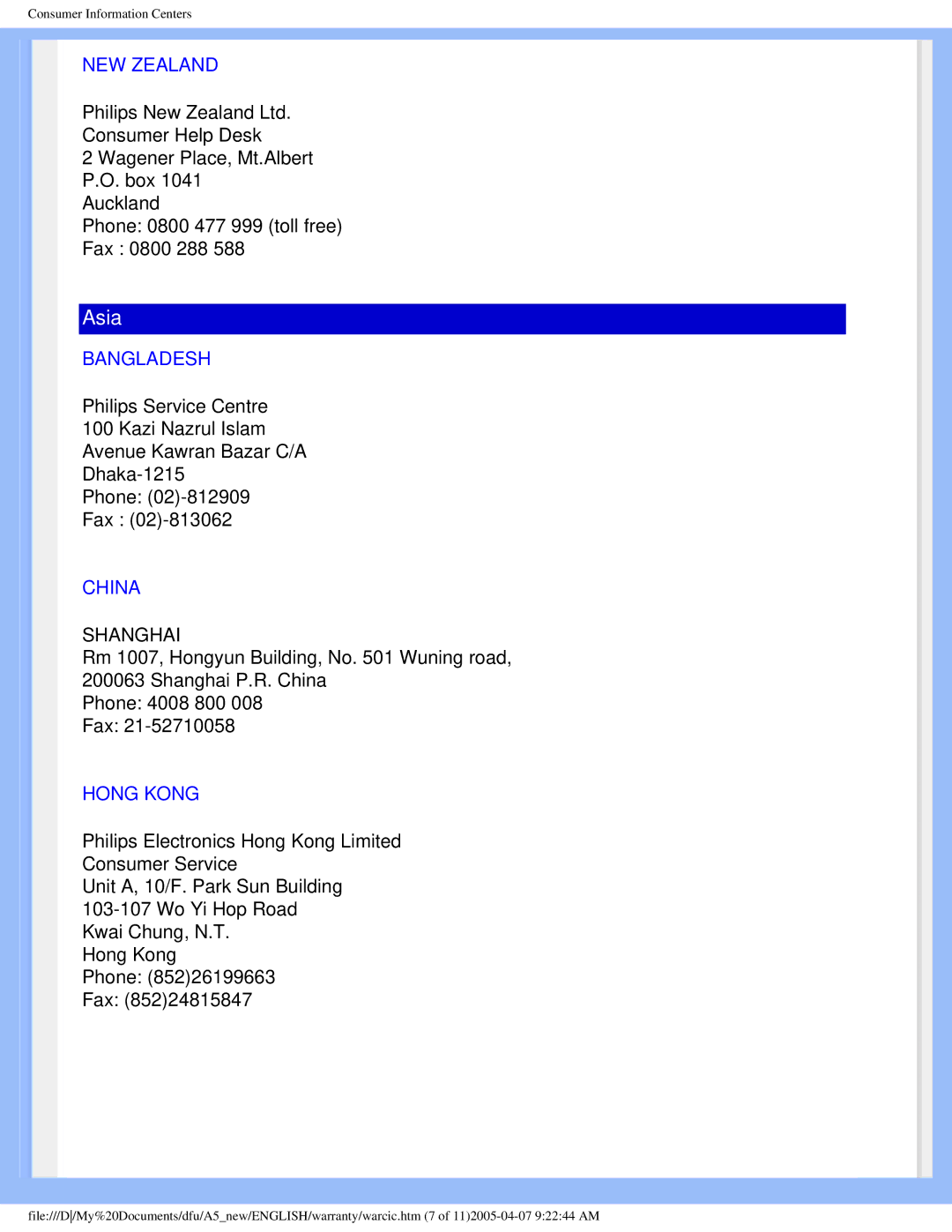 Philips 150S6 user manual NEW Zealand, Bangladesh, China, Hong Kong 