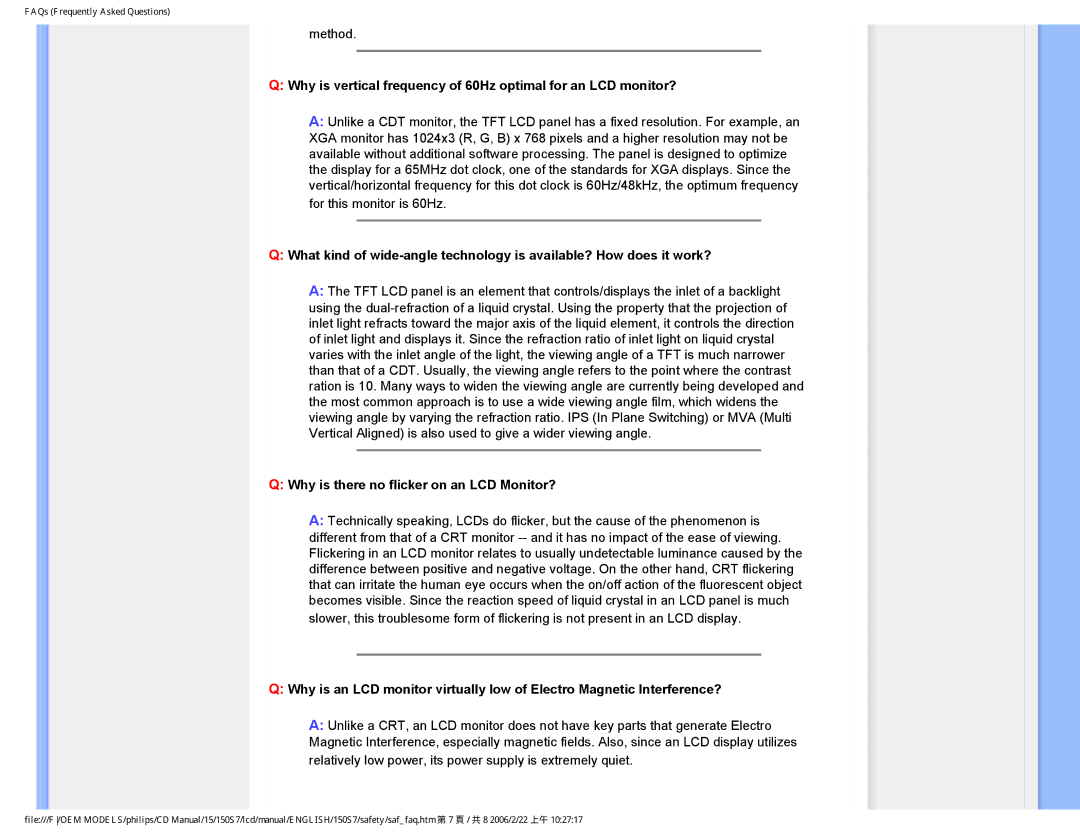 Philips 150S7 user manual Why is there no flicker on an LCD Monitor? 