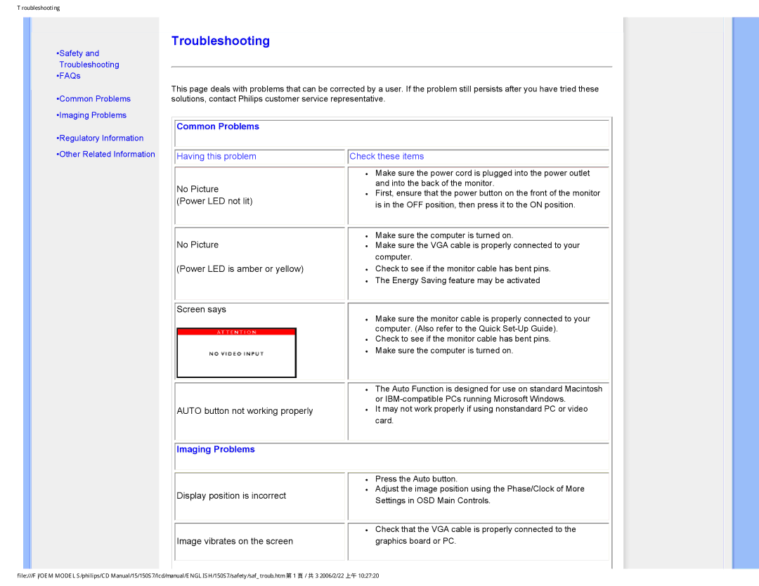 Philips 150S7 user manual Common Problems, Imaging Problems 