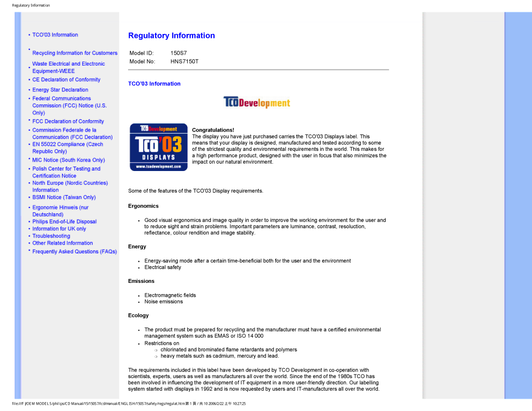 Philips 150S7 user manual Regulatory Information 