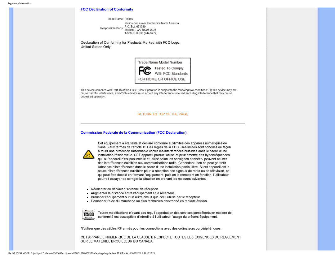 Philips 150S7 user manual FCC Declaration of Conformity 