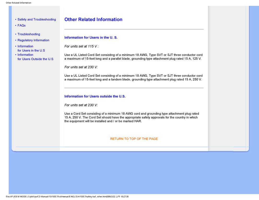 Philips 150S7 Other Related Information, Information for Users in the U. S, Information for Users outside the U.S 