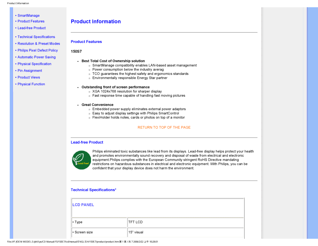 Philips 150S7 user manual Product Features, Lead-free Product, Technical Specifications 