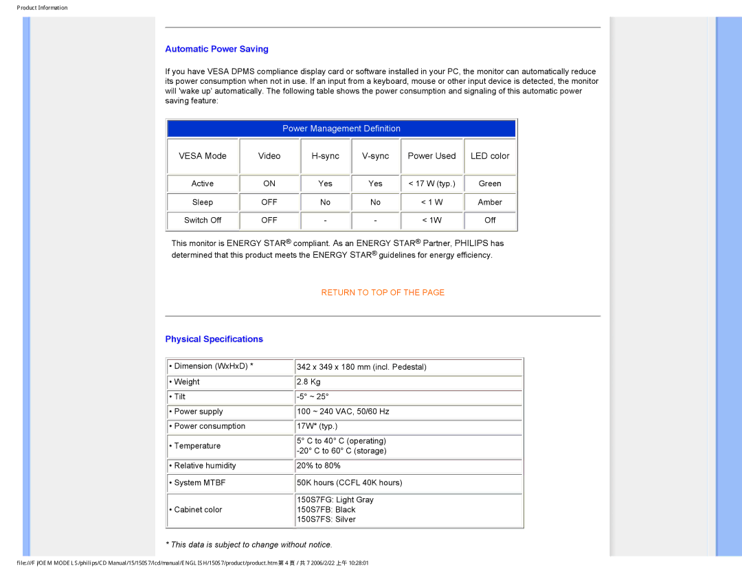 Philips 150S7 user manual Automatic Power Saving, Physical Specifications 