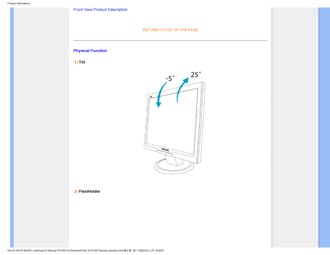 Philips 150S7 user manual Physical Function, Tilt FlexiHolder 