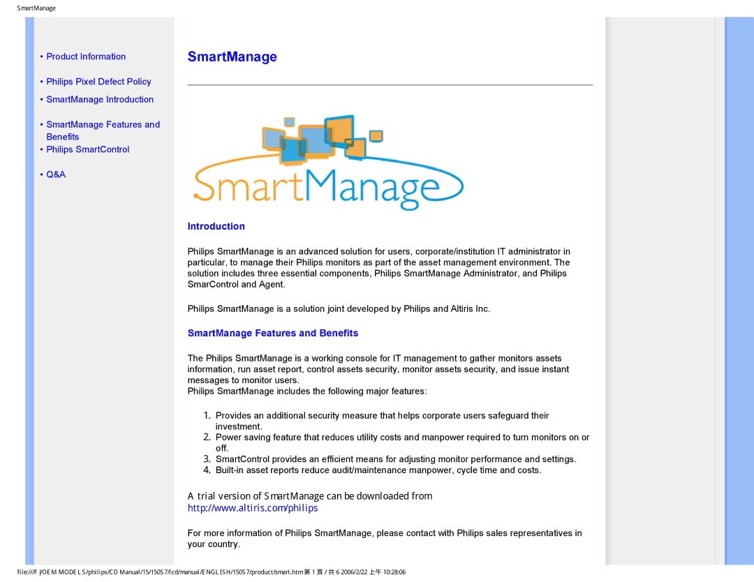 Philips 150S7 user manual Introduction, SmartManage Features and Benefits 