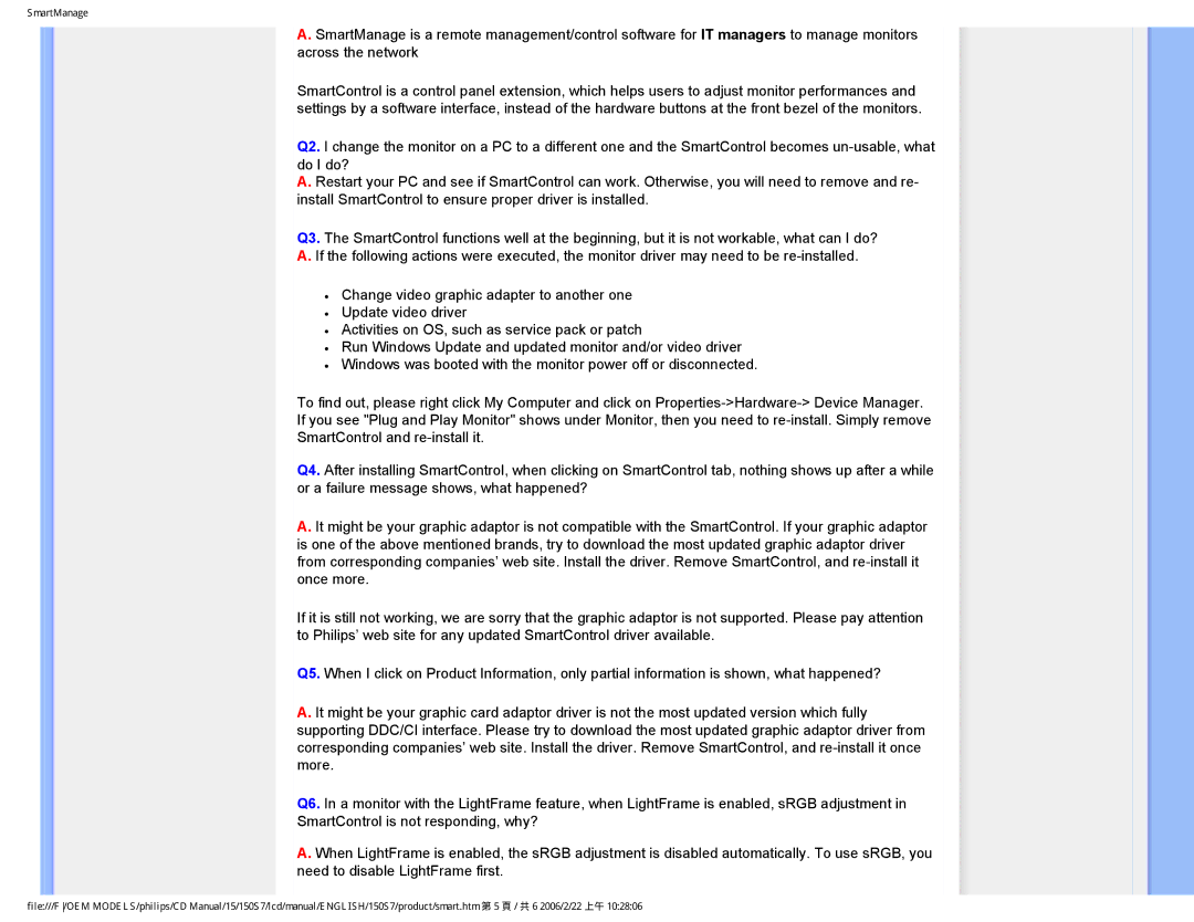 Philips 150S7 user manual SmartManage 