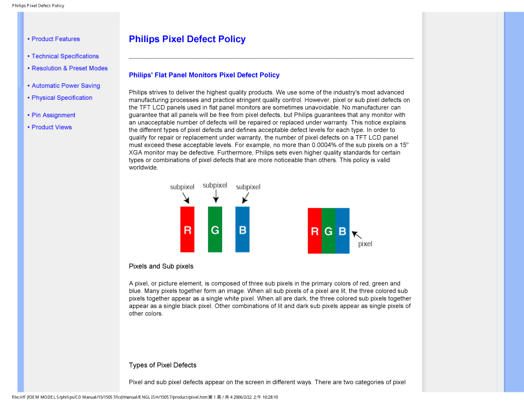 Philips 150S7 user manual Philips Pixel Defect Policy, Philips Flat Panel Monitors Pixel Defect Policy 