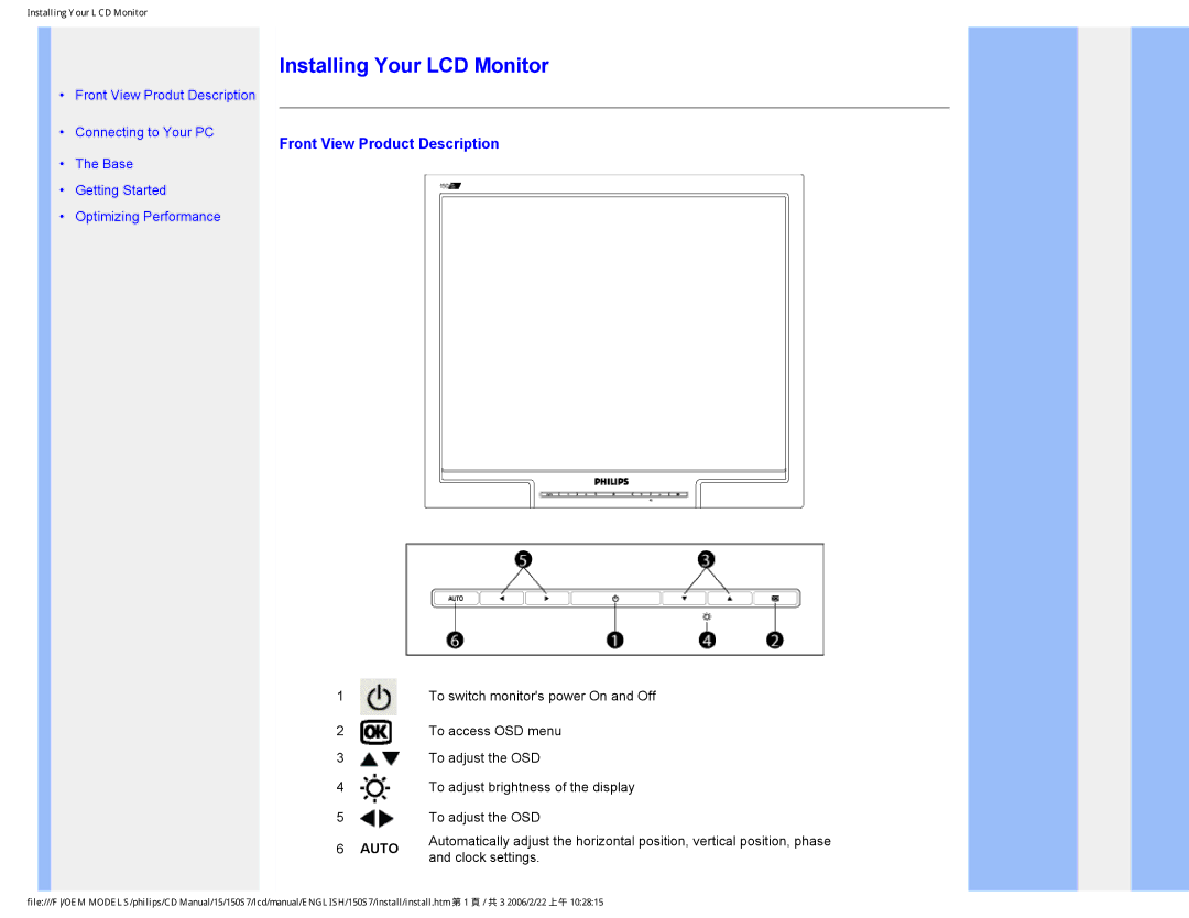 Philips 150S7 user manual Installing Your LCD Monitor, Front View Product Description 