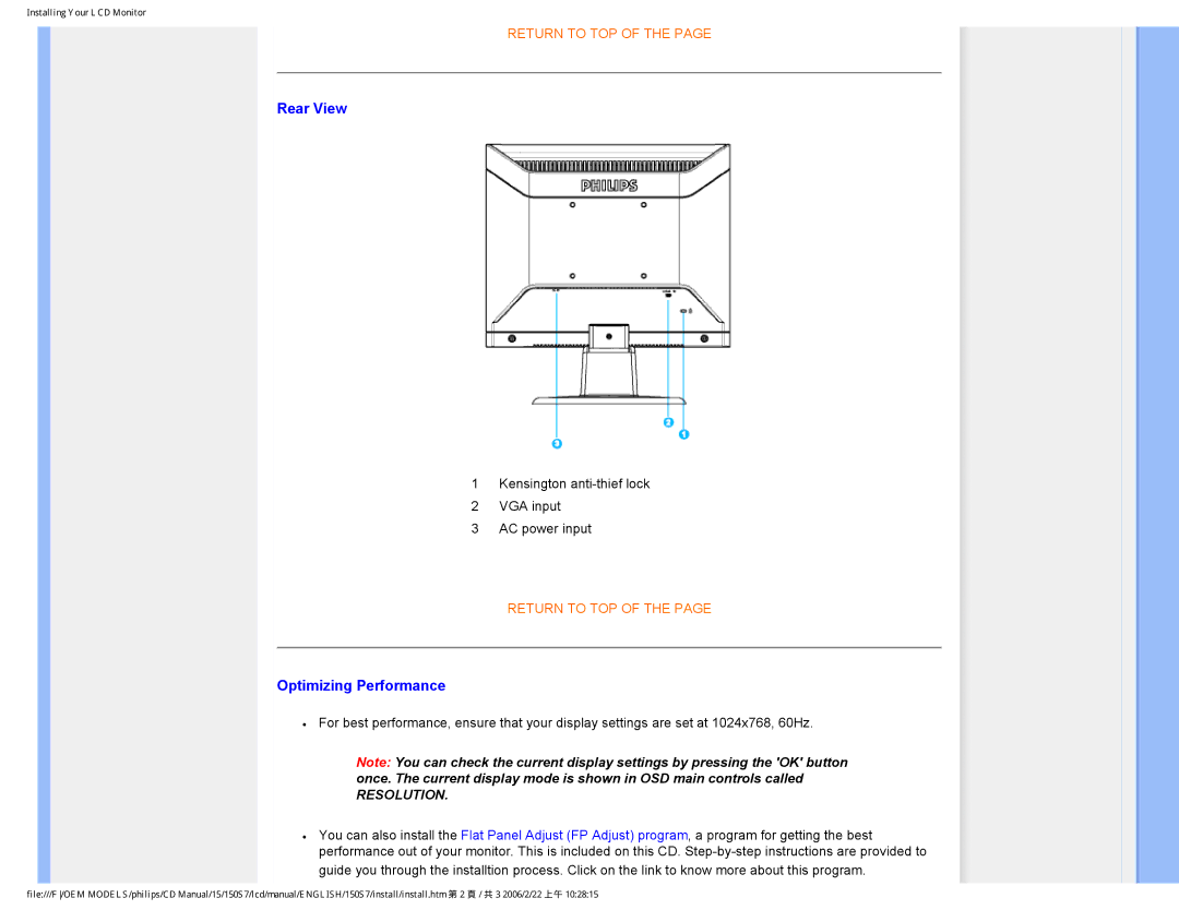 Philips 150S7 user manual Rear View, Optimizing Performance 