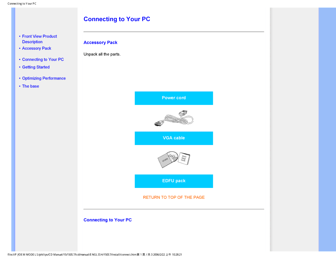 Philips 150S7 user manual Connecting to Your PC, Accessory Pack 