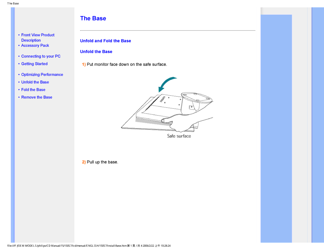 Philips 150S7 user manual Unfold and Fold the Base Unfold the Base 