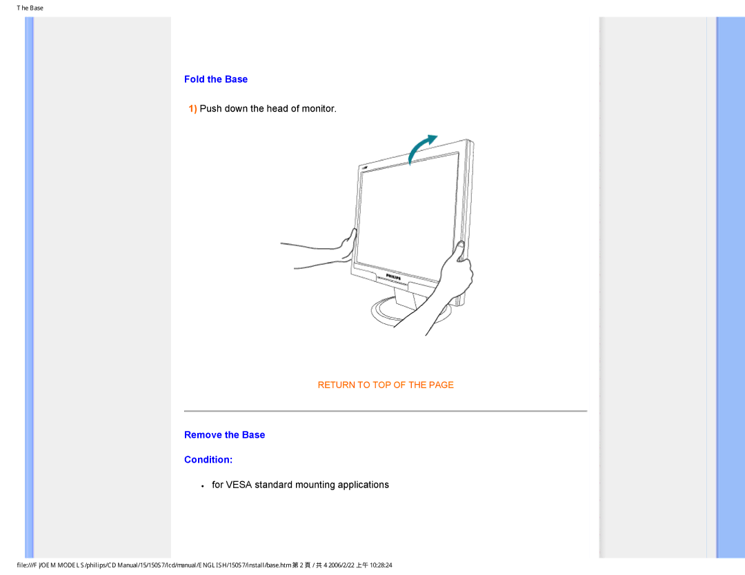 Philips 150S7 user manual Fold the Base, Remove the Base Condition 