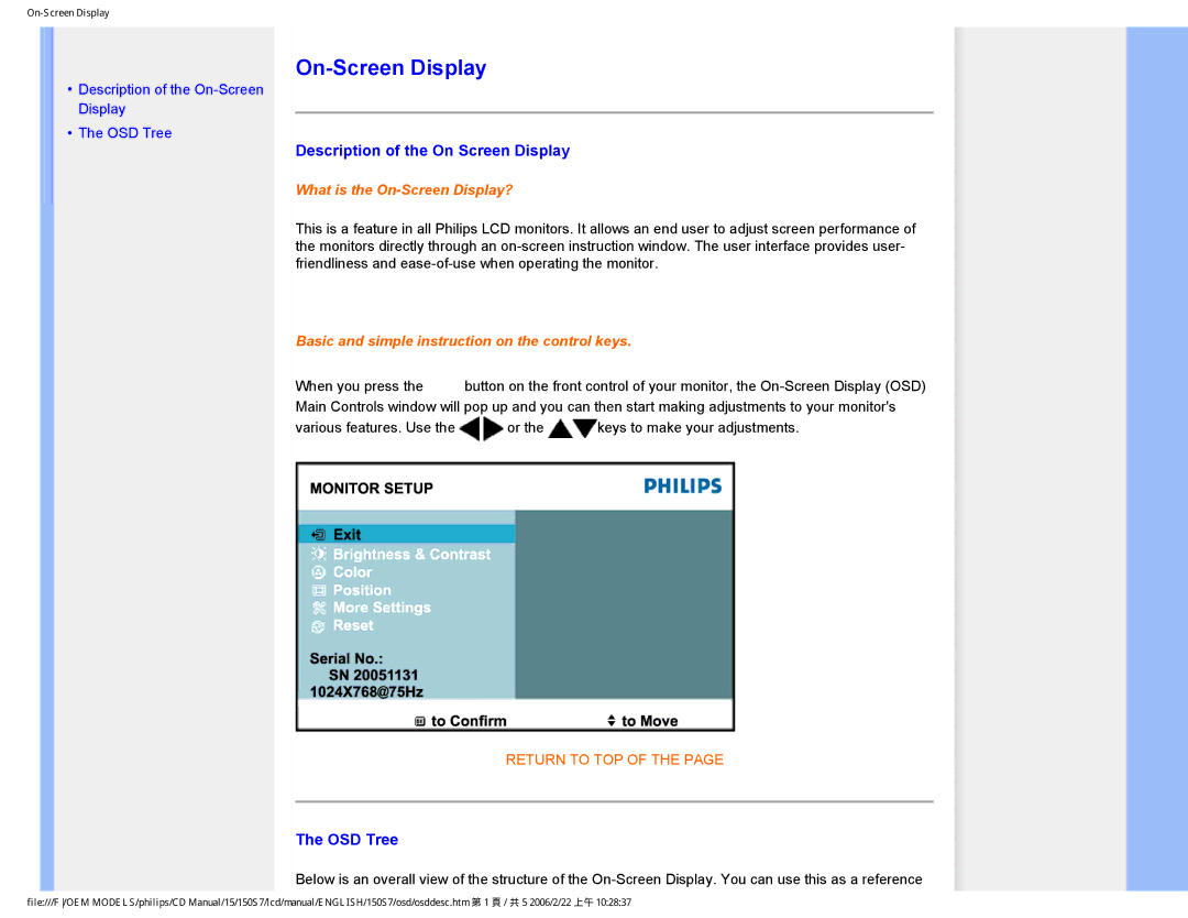 Philips 150S7 user manual On-Screen Display, Description of the On Screen Display, OSD Tree 