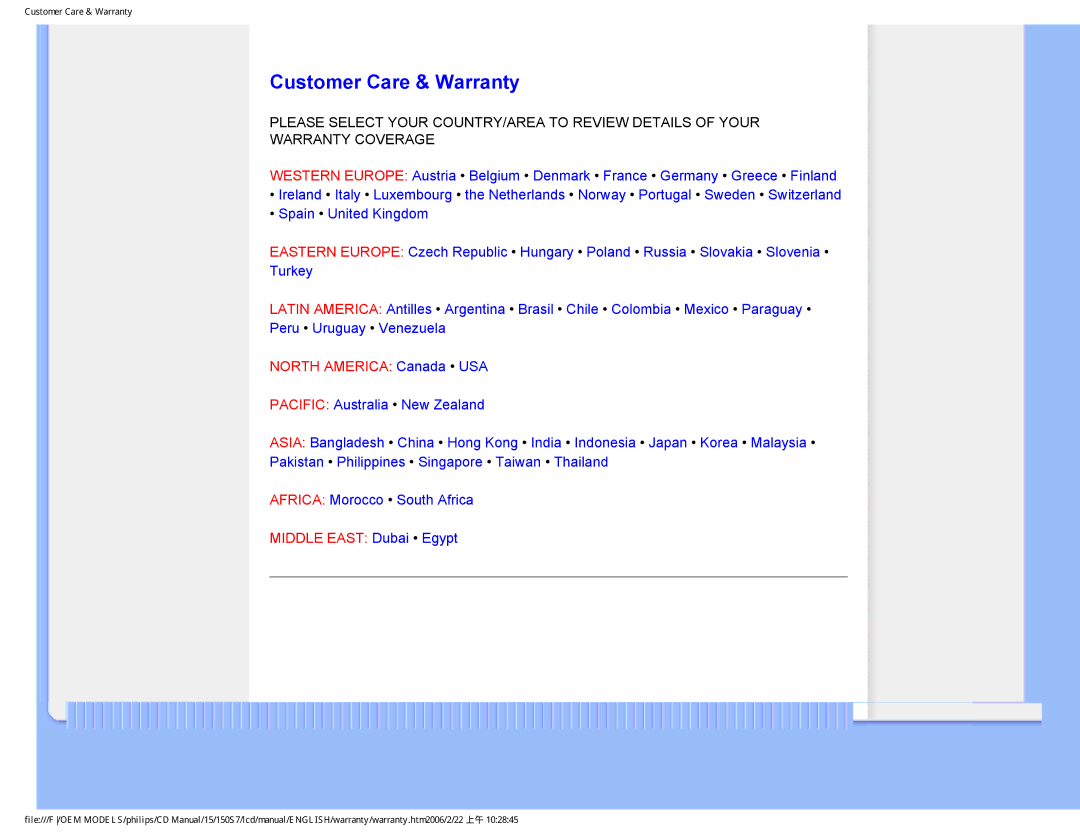 Philips 150S7 user manual Customer Care & Warranty, North America Canada USA 