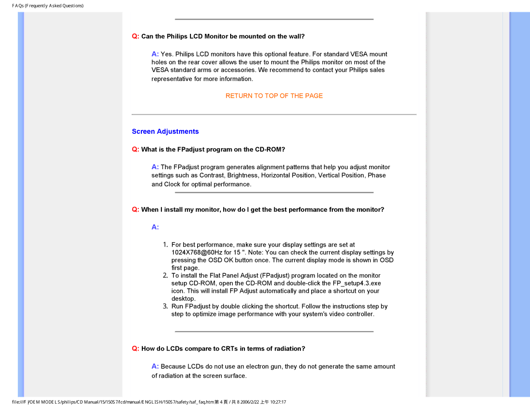 Philips 150S7 user manual Screen Adjustments, Can the Philips LCD Monitor be mounted on the wall? 