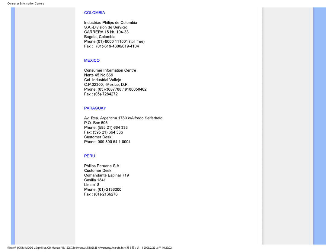 Philips 150S7 user manual Colombia, Mexico, Paraguay, Peru 