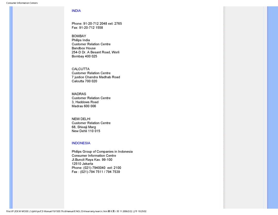 Philips 150S7 user manual India, Indonesia 