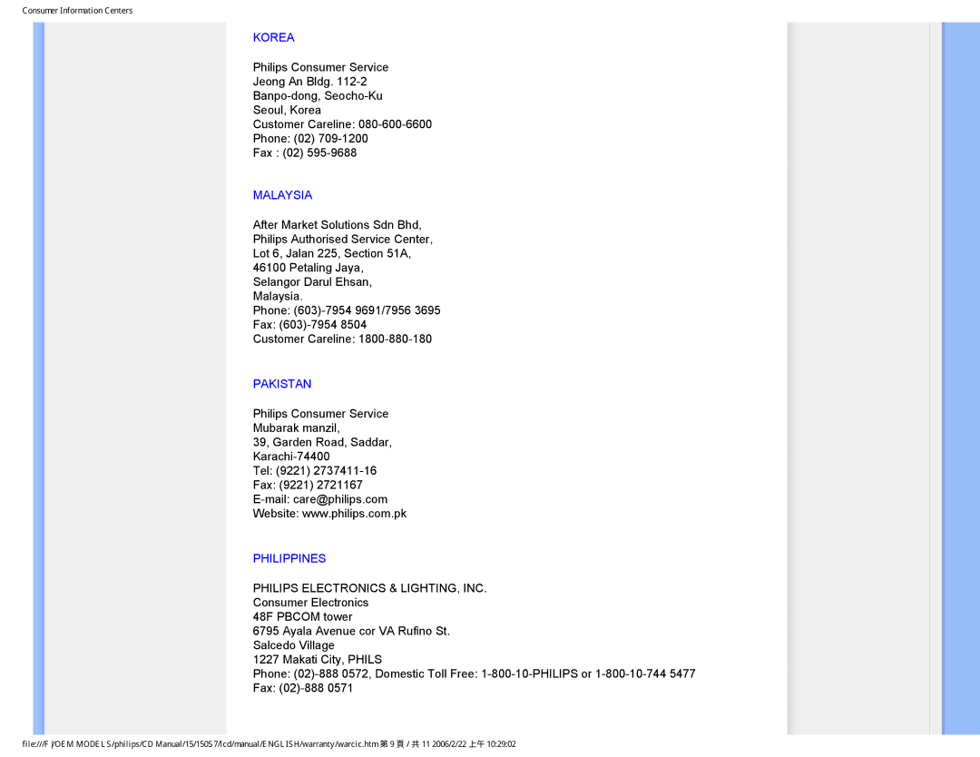 Philips 150S7 user manual Korea, Malaysia, Pakistan, Philippines 