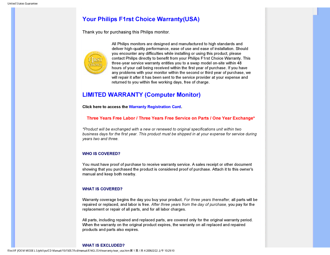 Philips 150S7 user manual Your Philips F1rst Choice WarrantyUSA, Limited Warranty Computer Monitor 