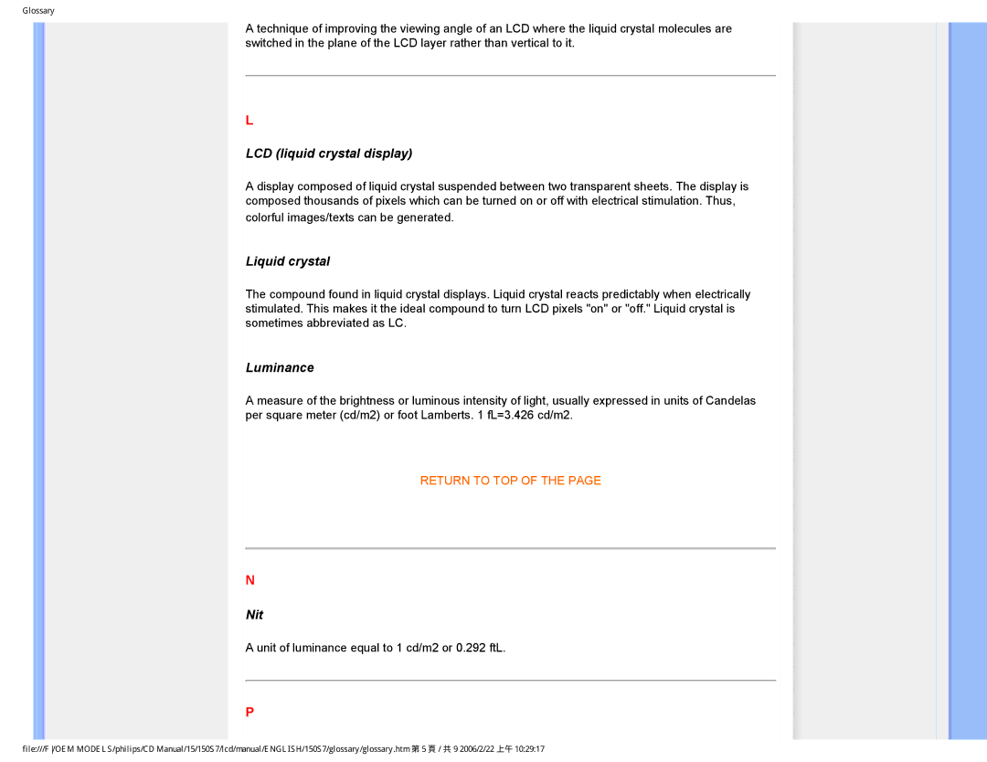 Philips 150S7 user manual LCD liquid crystal display, Liquid crystal, Luminance, Nit 