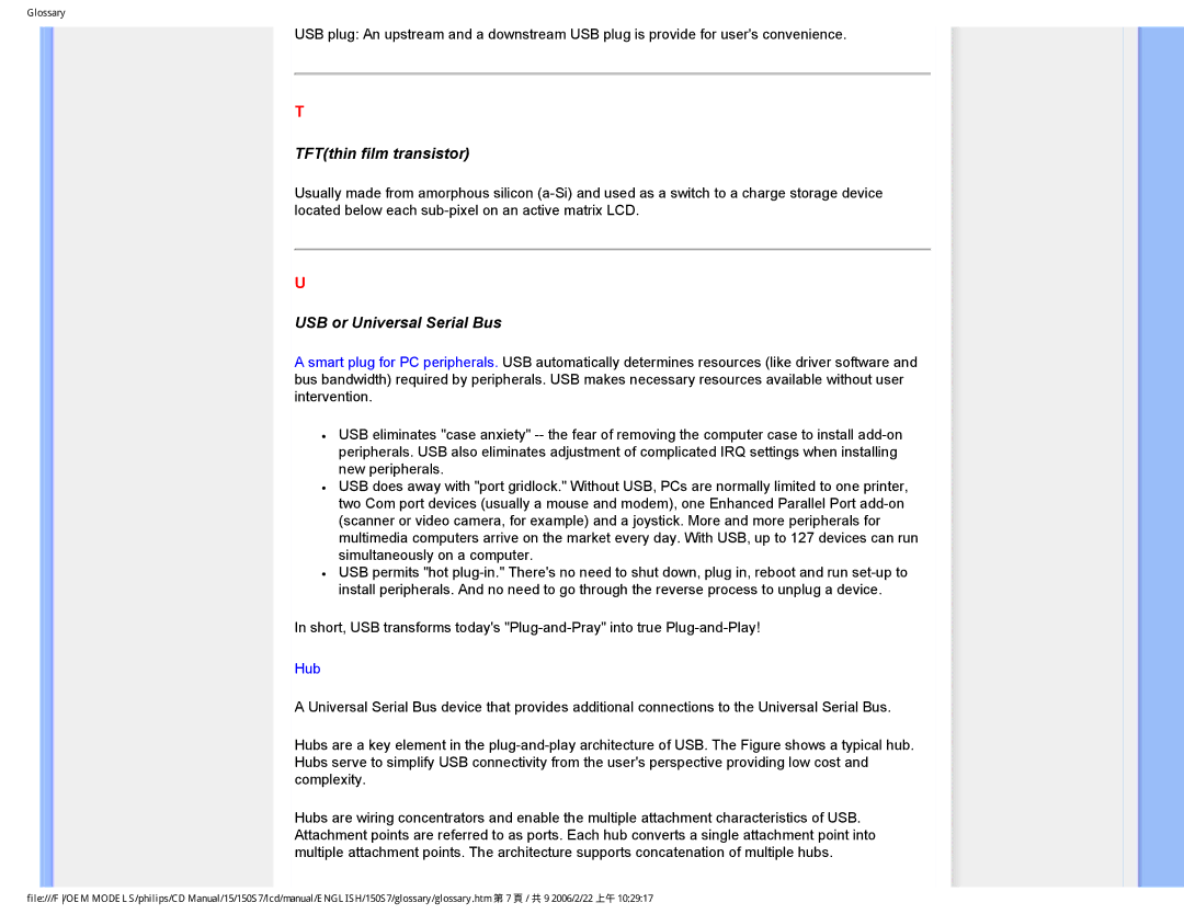 Philips 150S7 user manual TFTthin film transistor, USB or Universal Serial Bus 