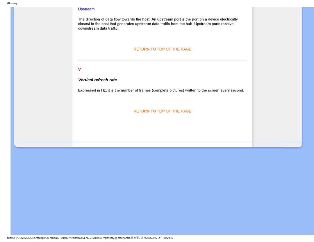 Philips 150S7 user manual Vertical refresh rate, Upstream 