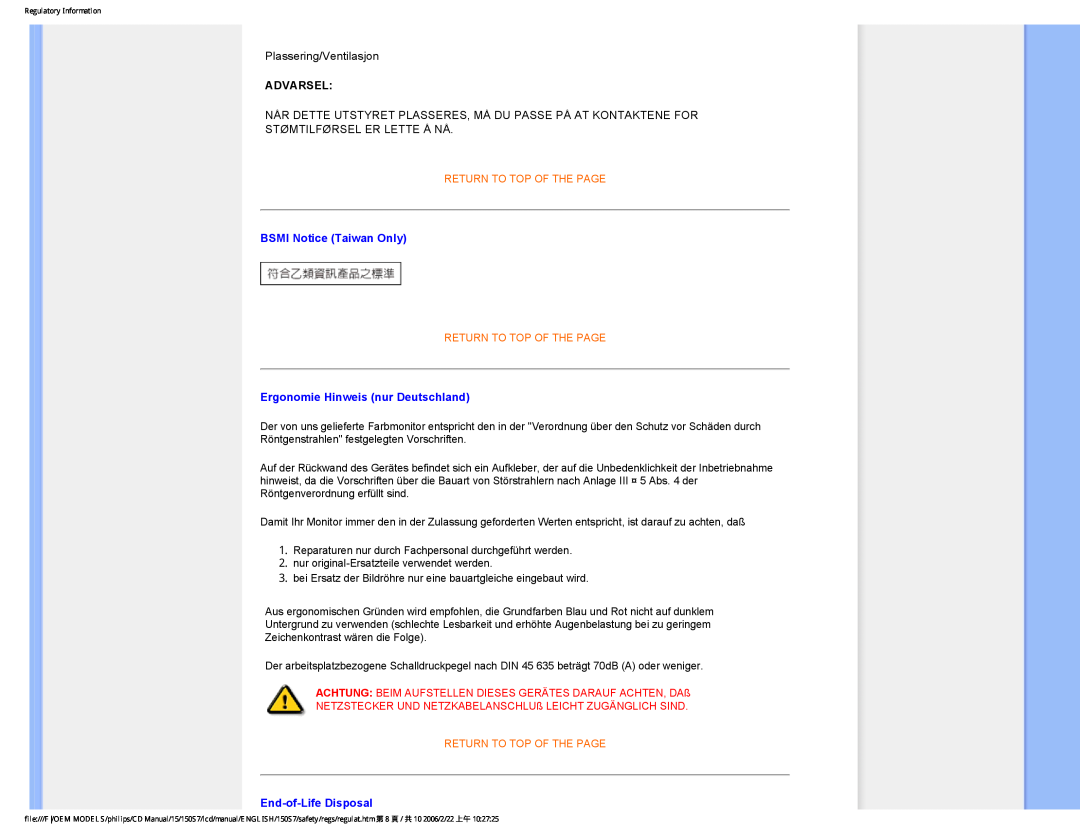 Philips 150S7 user manual Advarsel, BSMI Notice Taiwan Only, Ergonomie Hinweis nur Deutschland, End-of-LifeDisposal 