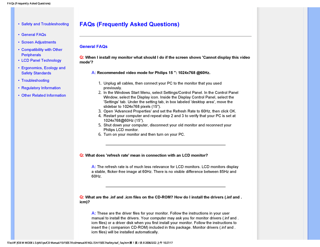 Philips 150S7 user manual FAQs Frequently Asked Questions, Safety and Troubleshooting General FAQs, Screen Adjustments 