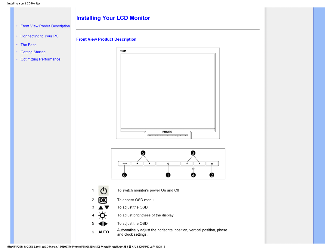 Philips 150S7 user manual Installing Your LCD Monitor, Front View Product Description, Front View Produt Description, Auto 