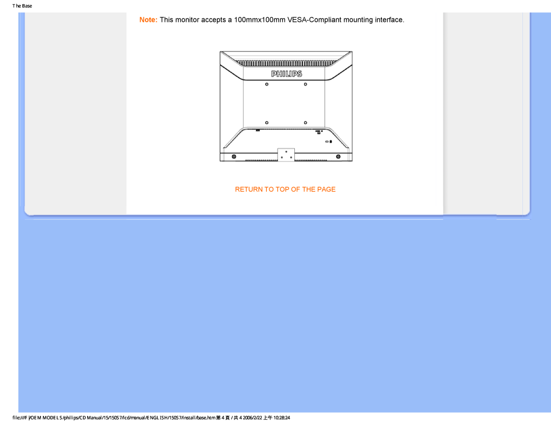 Philips 150S7 user manual Return To Top Of The Page, The Base 