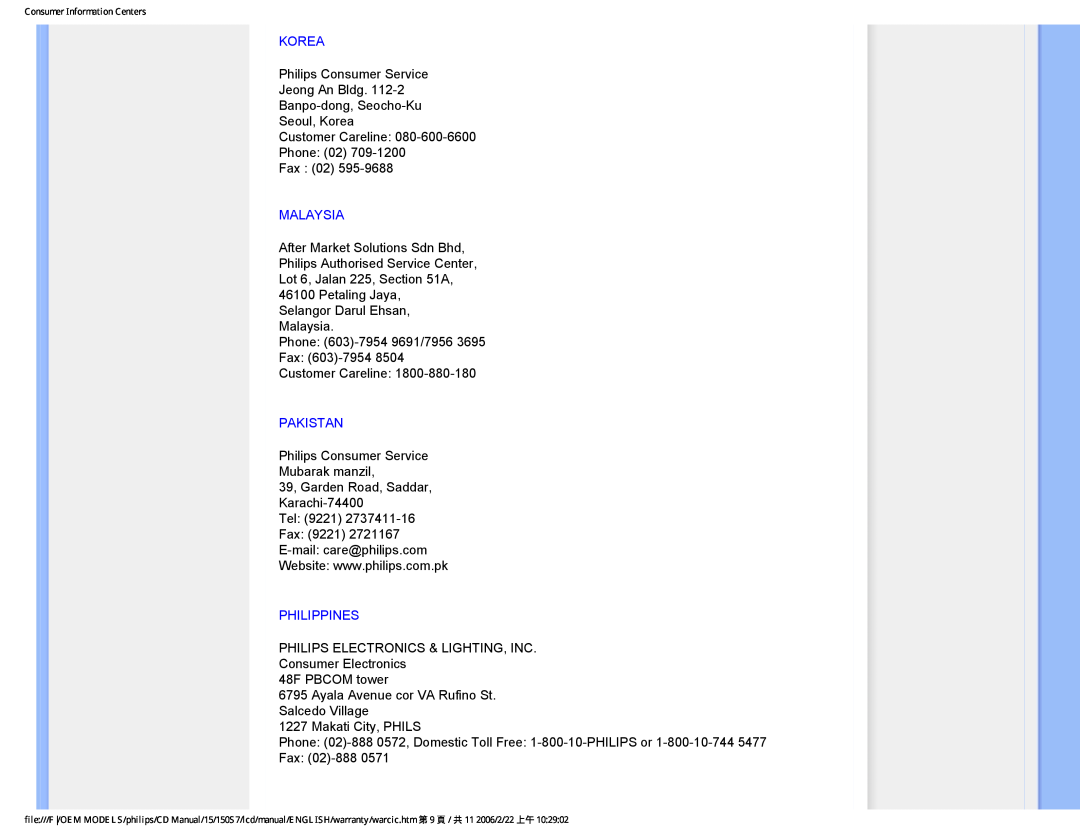 Philips 150S7 user manual Korea, Malaysia, Pakistan, Philippines 