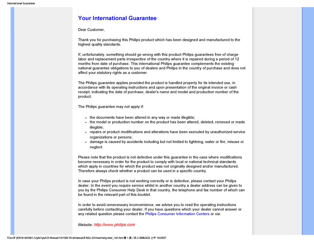 Philips 150S7 user manual Your International Guarantee 
