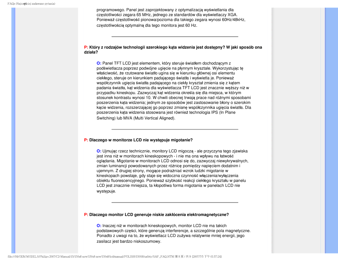 Philips 150S8 user manual Dlaczego w monitorze LCD nie występuje migotanie? 