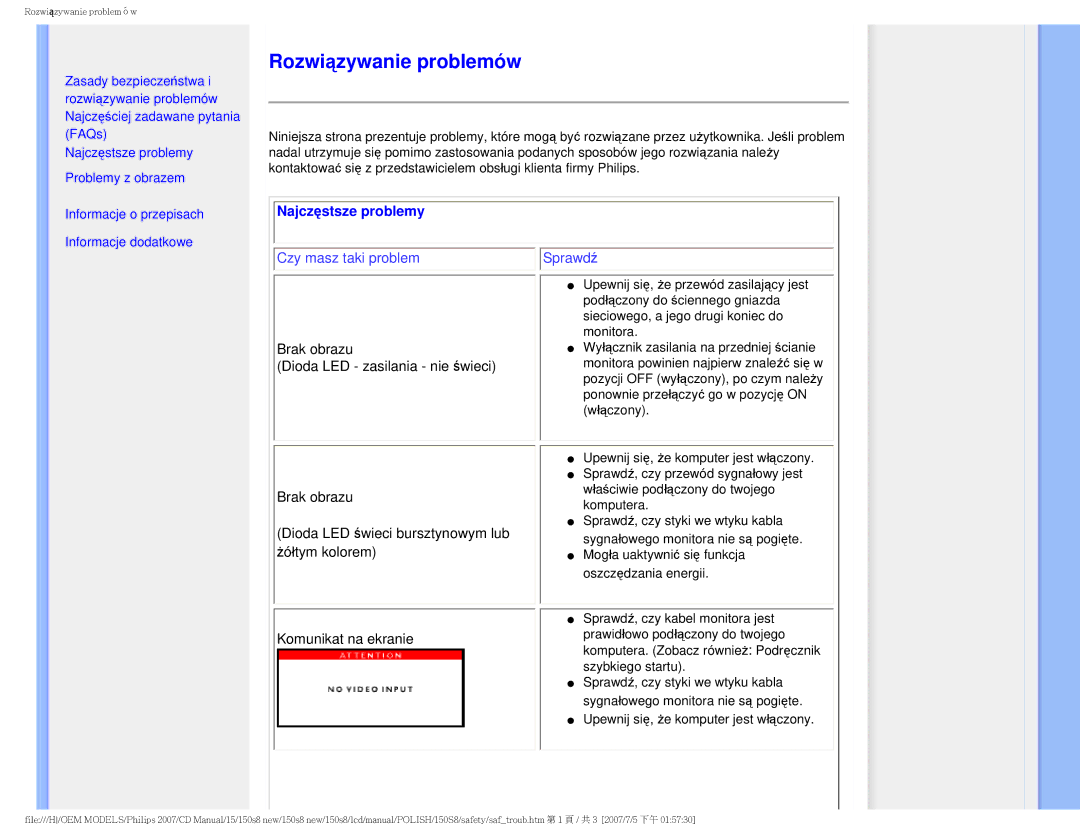 Philips 150S8 user manual Rozwiązywanie problemów, Najczęstsze problemy 