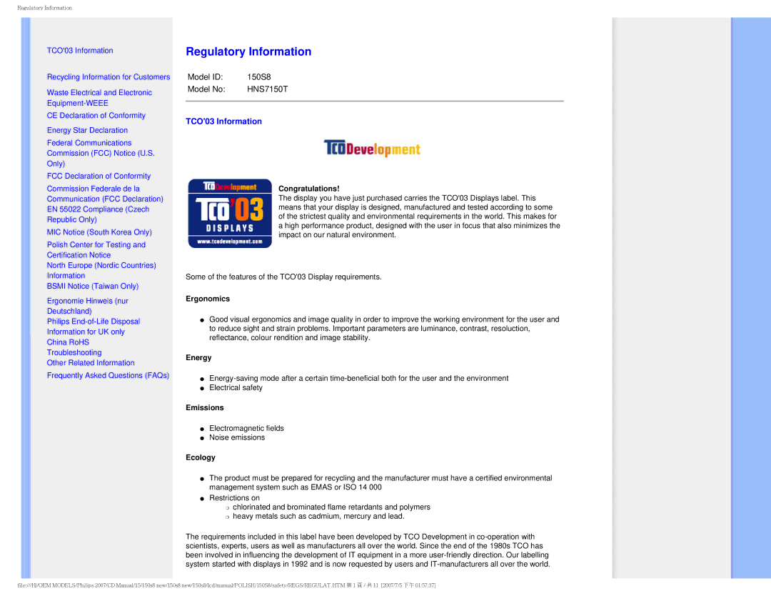 Philips 150S8 user manual Regulatory Information, TCO03 Information 