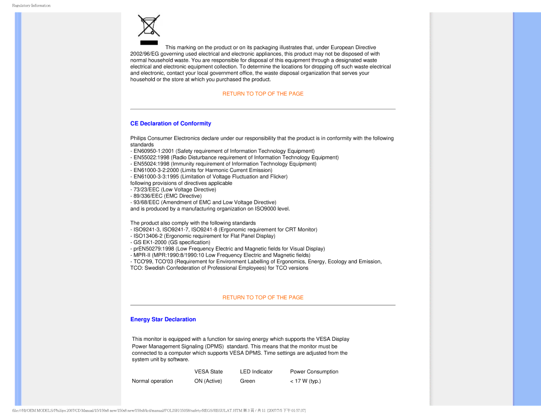 Philips 150S8 user manual CE Declaration of Conformity, Energy Star Declaration 