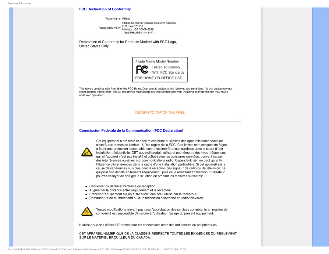 Philips 150S8 user manual FCC Declaration of Conformity, Commission Federale de la Communication FCC Declaration 