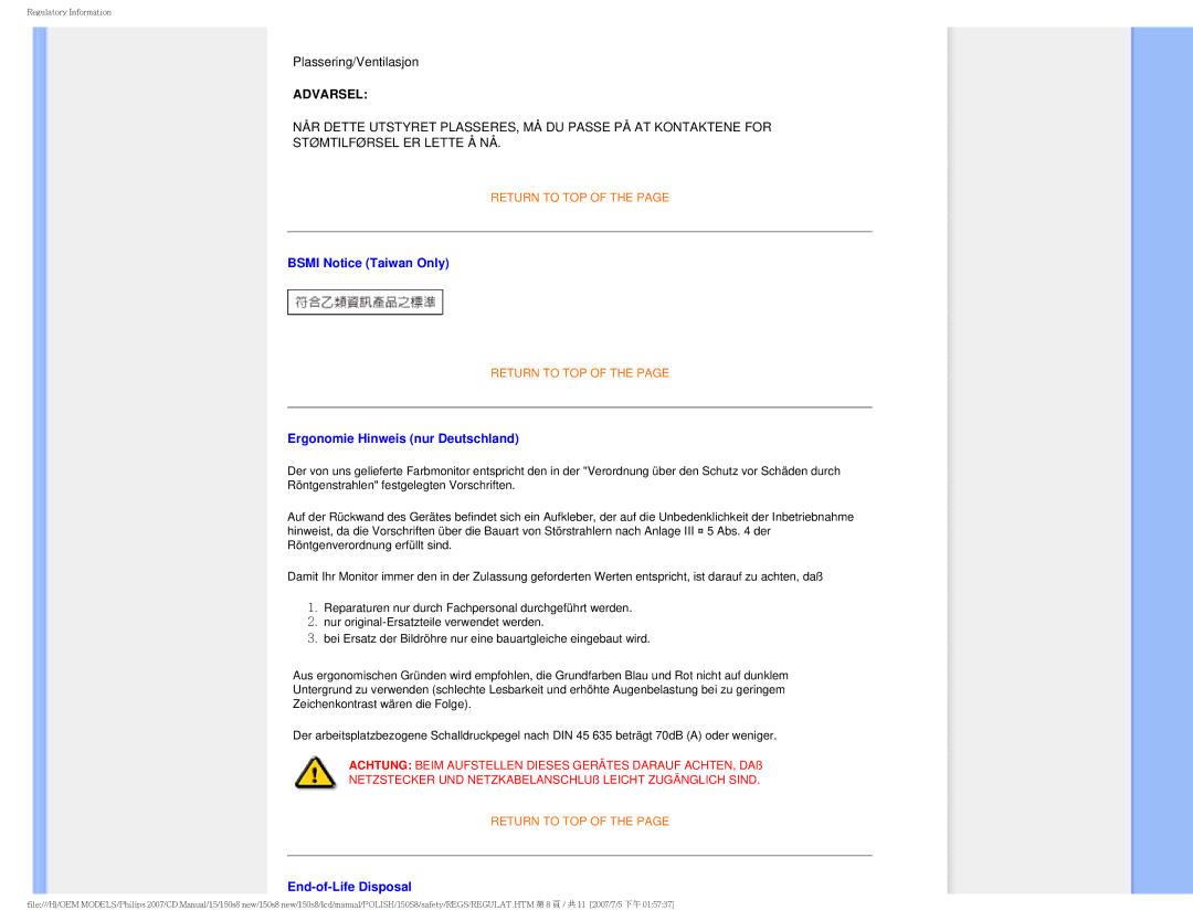 Philips 150S8 user manual Bsmi Notice Taiwan Only, Ergonomie Hinweis nur Deutschland, End-of-Life Disposal 