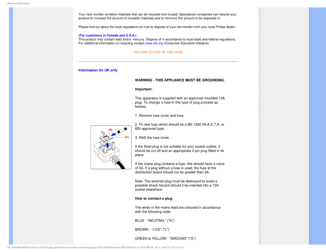 Philips 150S8 user manual Information for UK only, For customers in Canada and U.S.A 