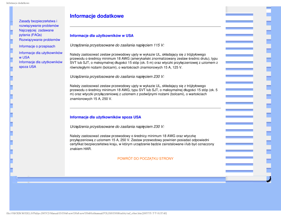 Philips 150S8 user manual Informacje dodatkowe, Informacje dla użytkowników w USA, Informacje dla użytkowników spoza USA 