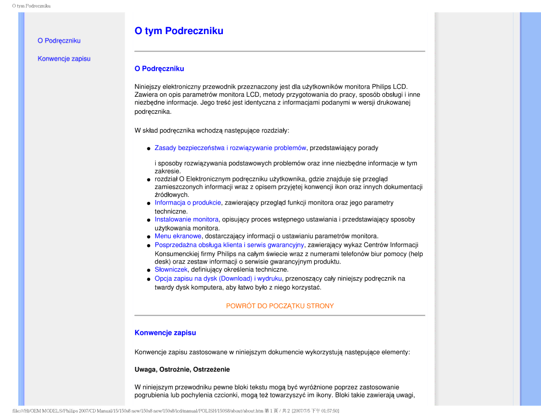 Philips 150S8 user manual Tym Podreczniku, Podręczniku, Konwencje zapisu, Uwaga, Ostrożnie, Ostrzeżenie 