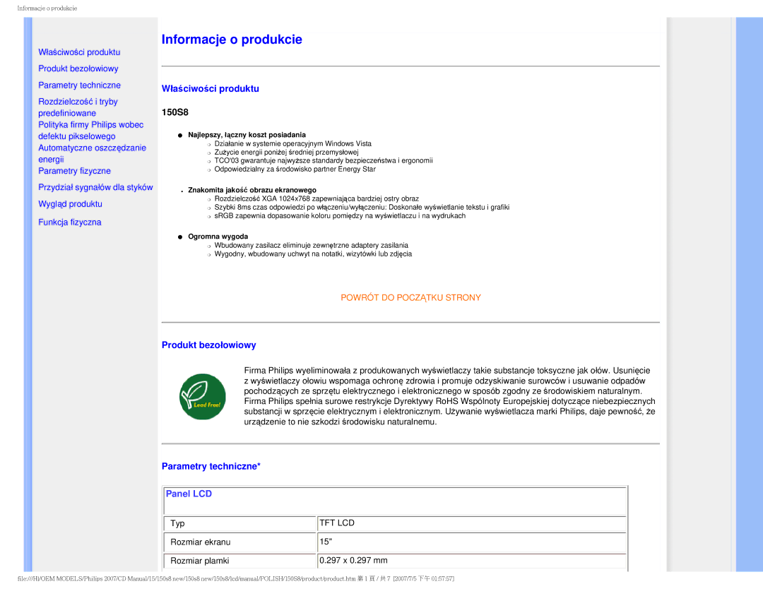 Philips 150S8 user manual Właściwości produktu, Produkt bezołowiowy, Parametry techniczne 