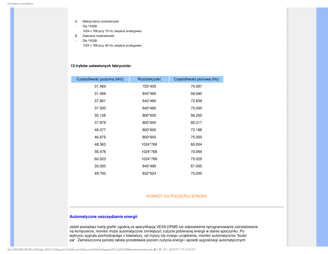 Philips 150S8 user manual Automatyczne oszczędzanie energii, Trybów ustawionych fabrycznie 